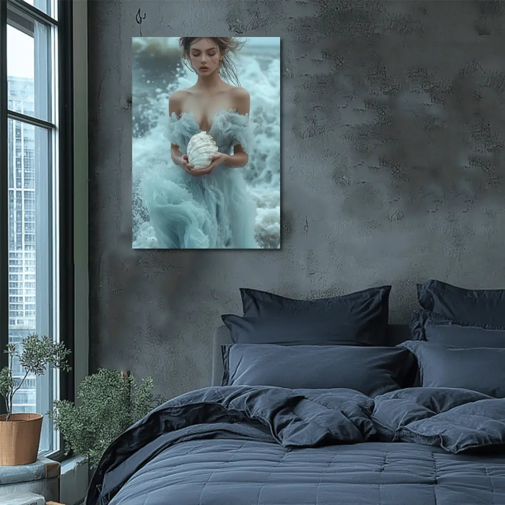 Woman in Blue Dress Holding Sea Shell – Wall Art