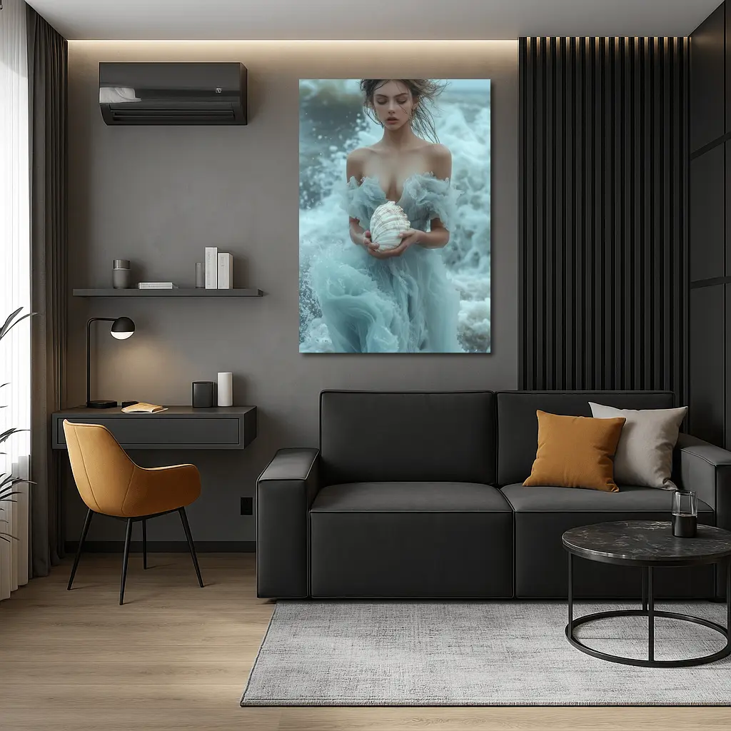 Woman in Blue Dress Holding Sea Shell – Wall Art