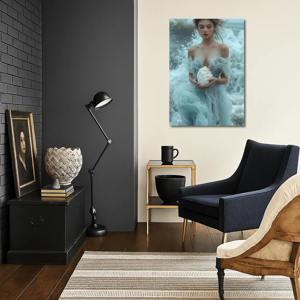 Woman in Blue Dress Holding Sea Shell – Wall Art