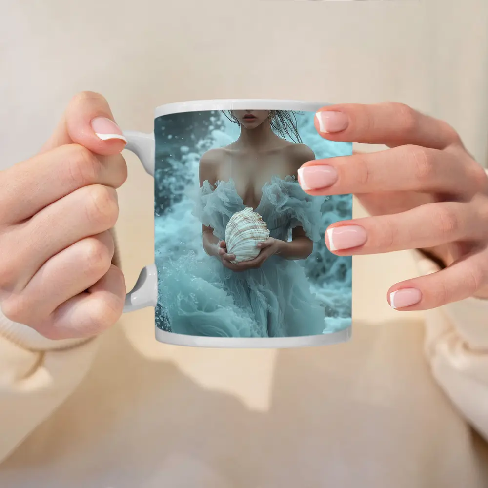 Woman in Blue Dress Holding Sea Shell – Mugs