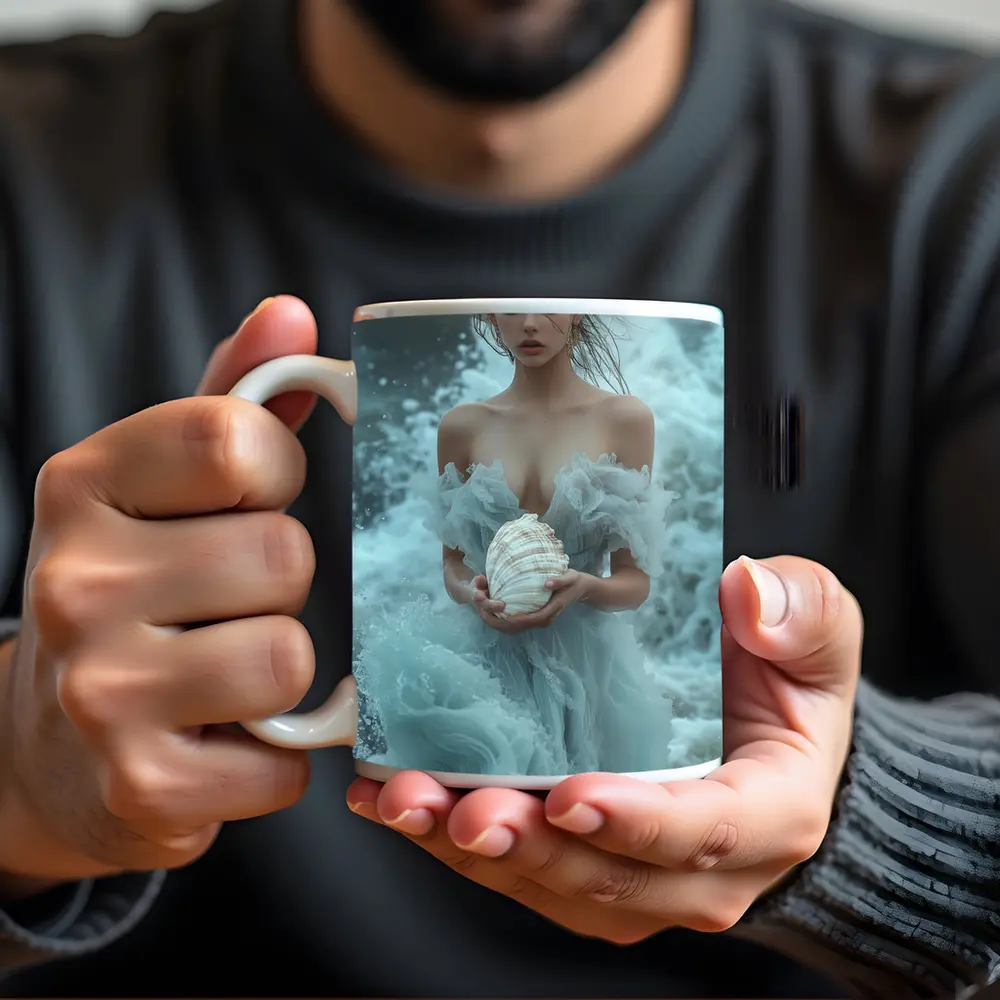 Woman in Blue Dress Holding Sea Shell – Mugs