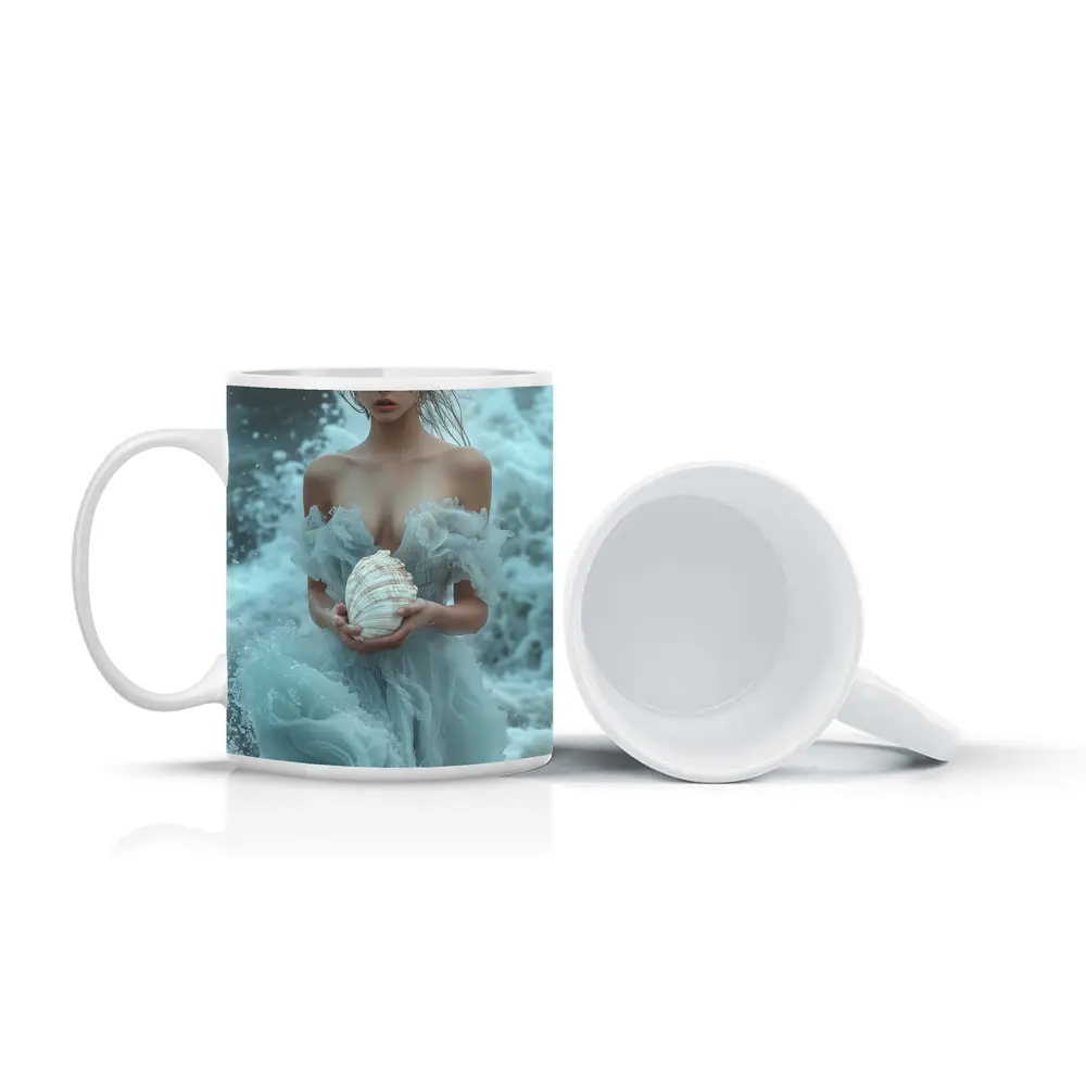 Woman in Blue Dress Holding Sea Shell – Mugs