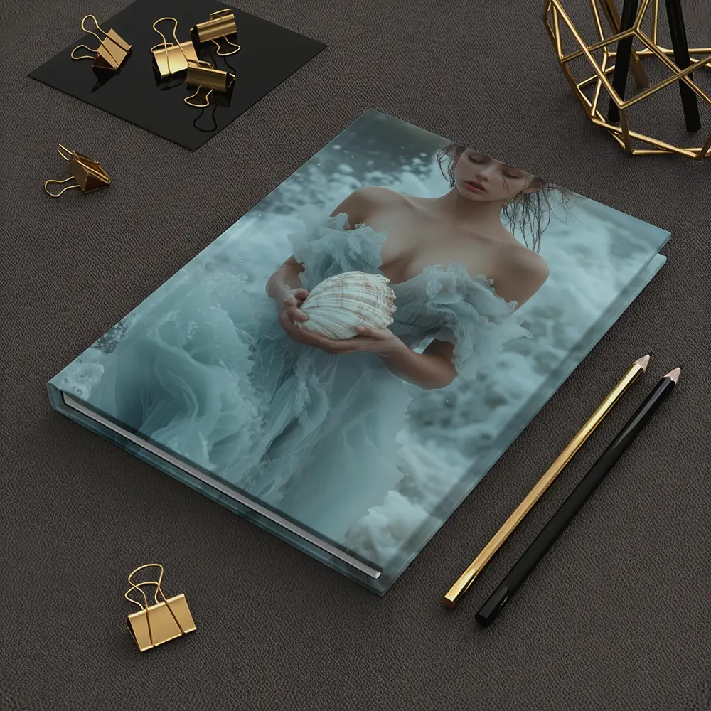 Woman in Blue Dress Holding Sea Shell – Notebooks