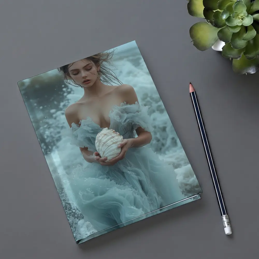 Woman in Blue Dress Holding Sea Shell – Notebooks