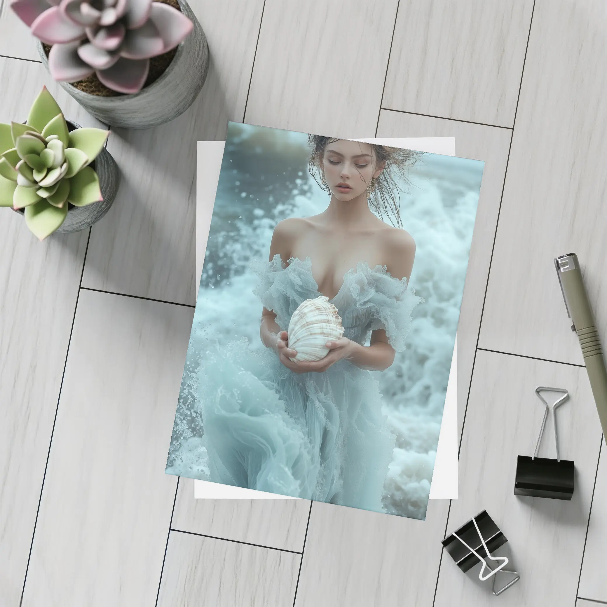 Woman in Blue Dress Holding Sea Shell – Postcards
