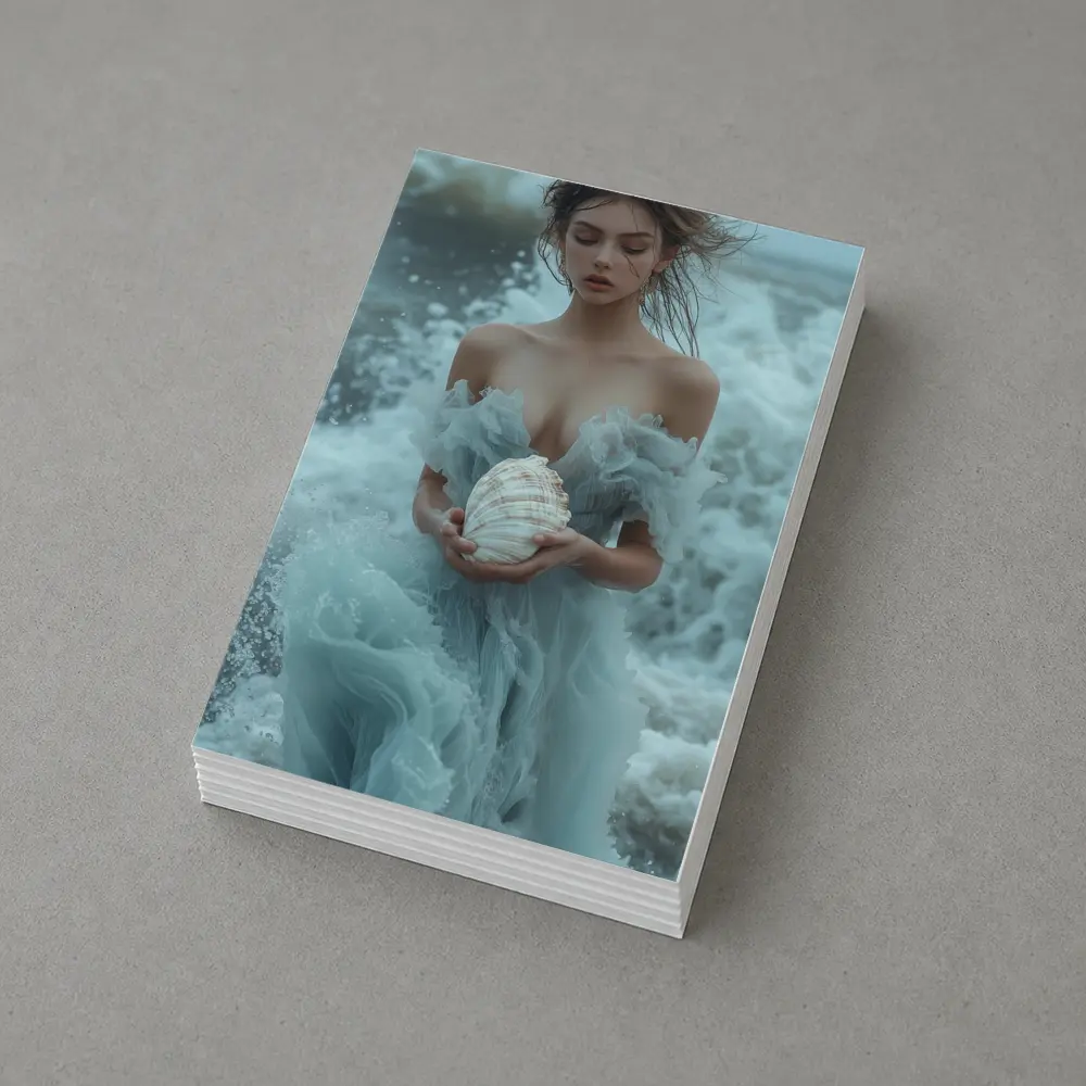 Woman in Blue Dress Holding Sea Shell – Postcards