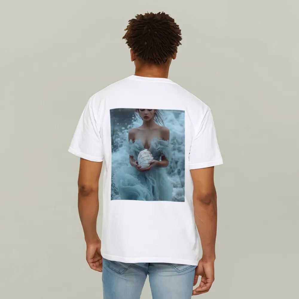 Woman in Blue Dress Holding Sea Shell – T-Shirts