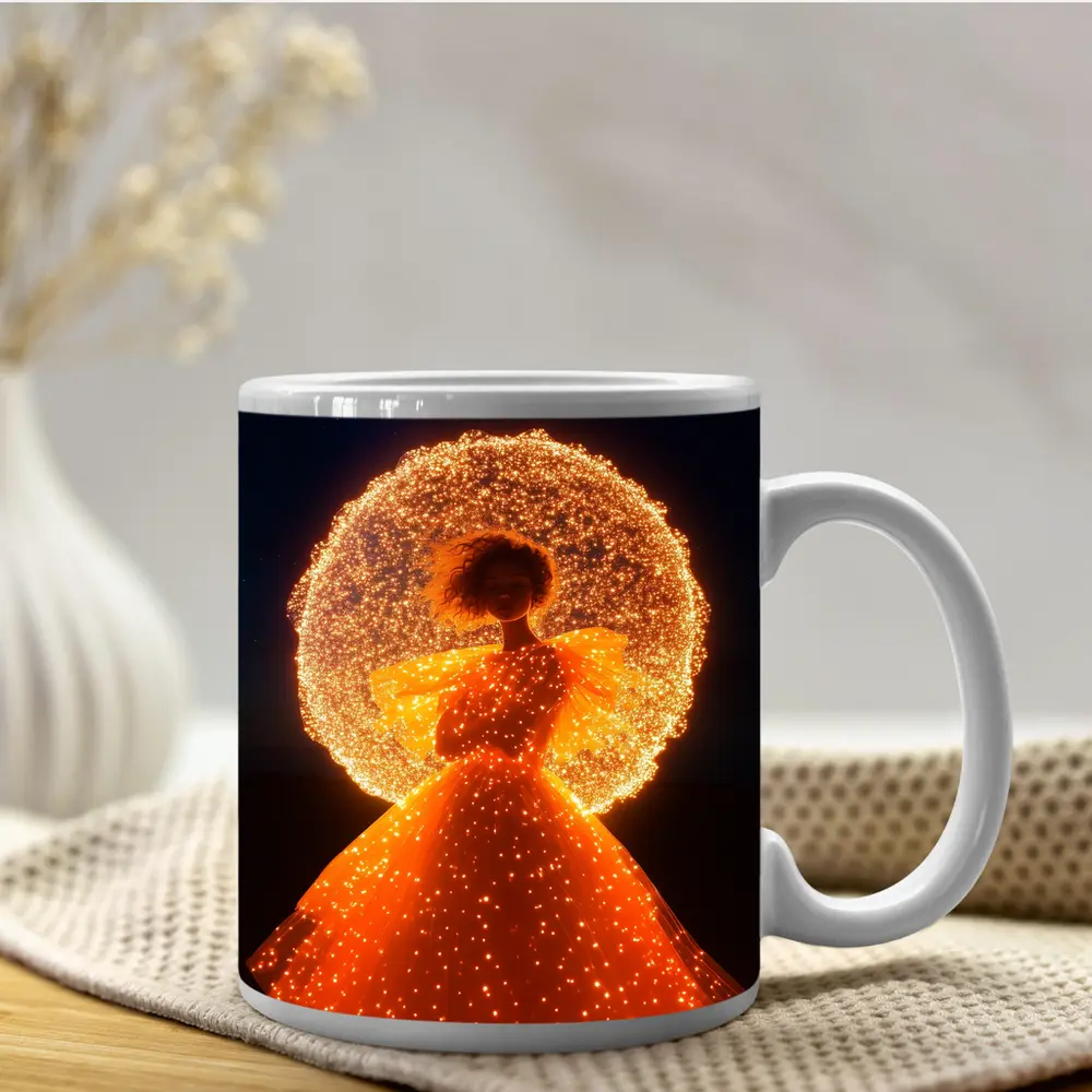 Glowing Orange Gown Woman Starry Night – Mugs