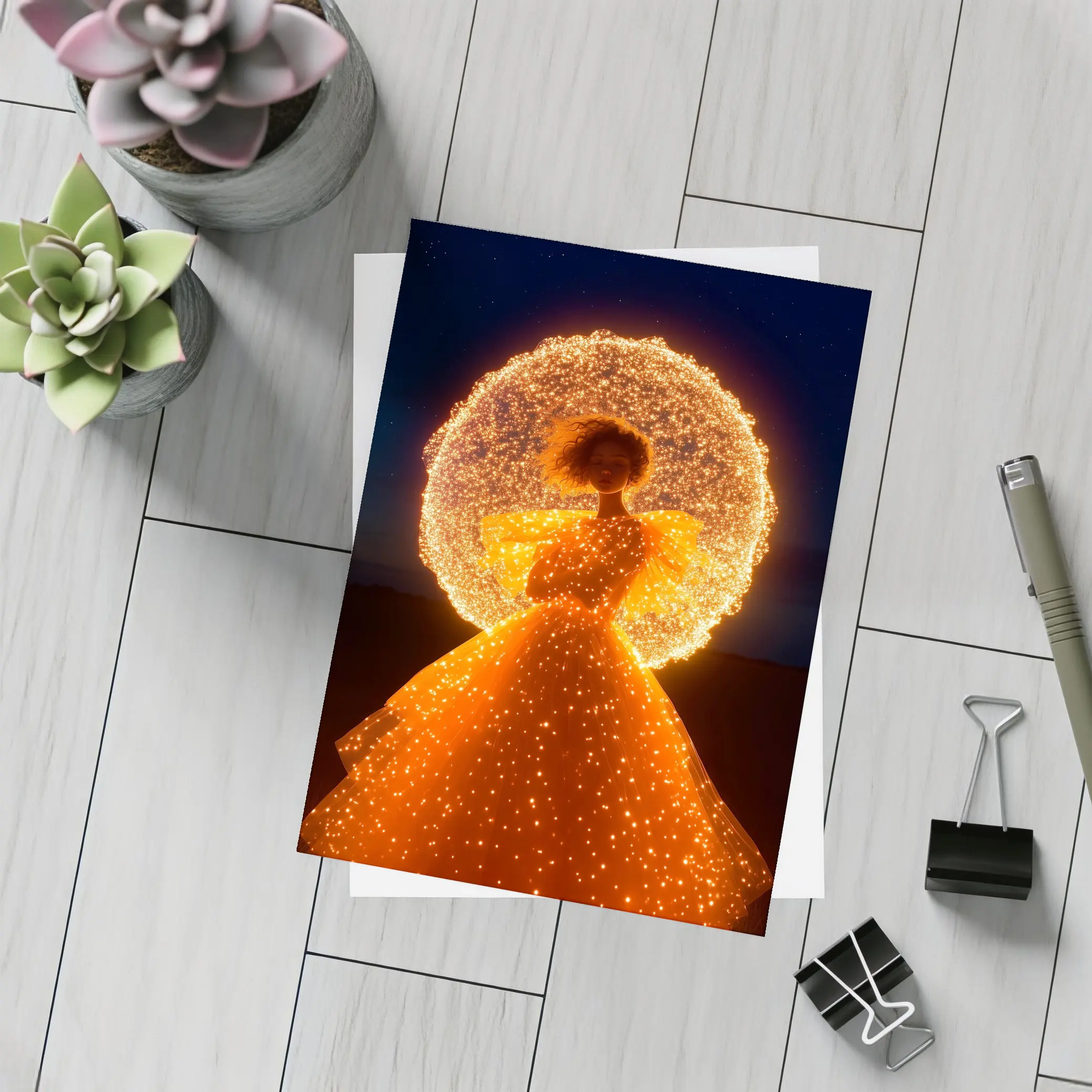 Glowing Orange Gown Woman Starry Night – Postcards