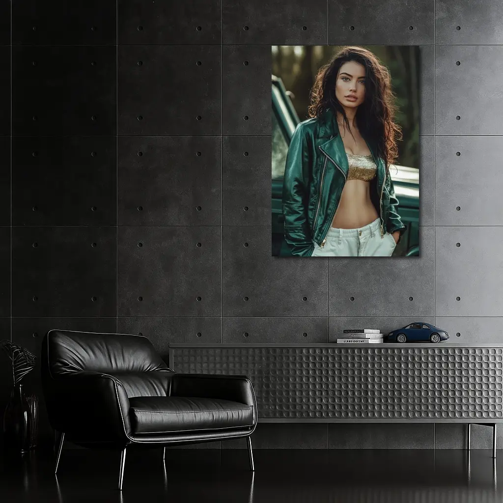Woman Green Leather Jacket Forest Background – Wall Art
