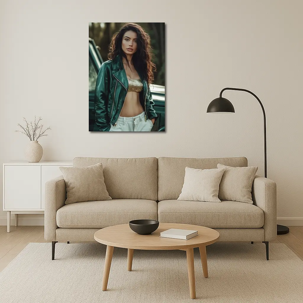 Woman Green Leather Jacket Forest Background – Wall Art