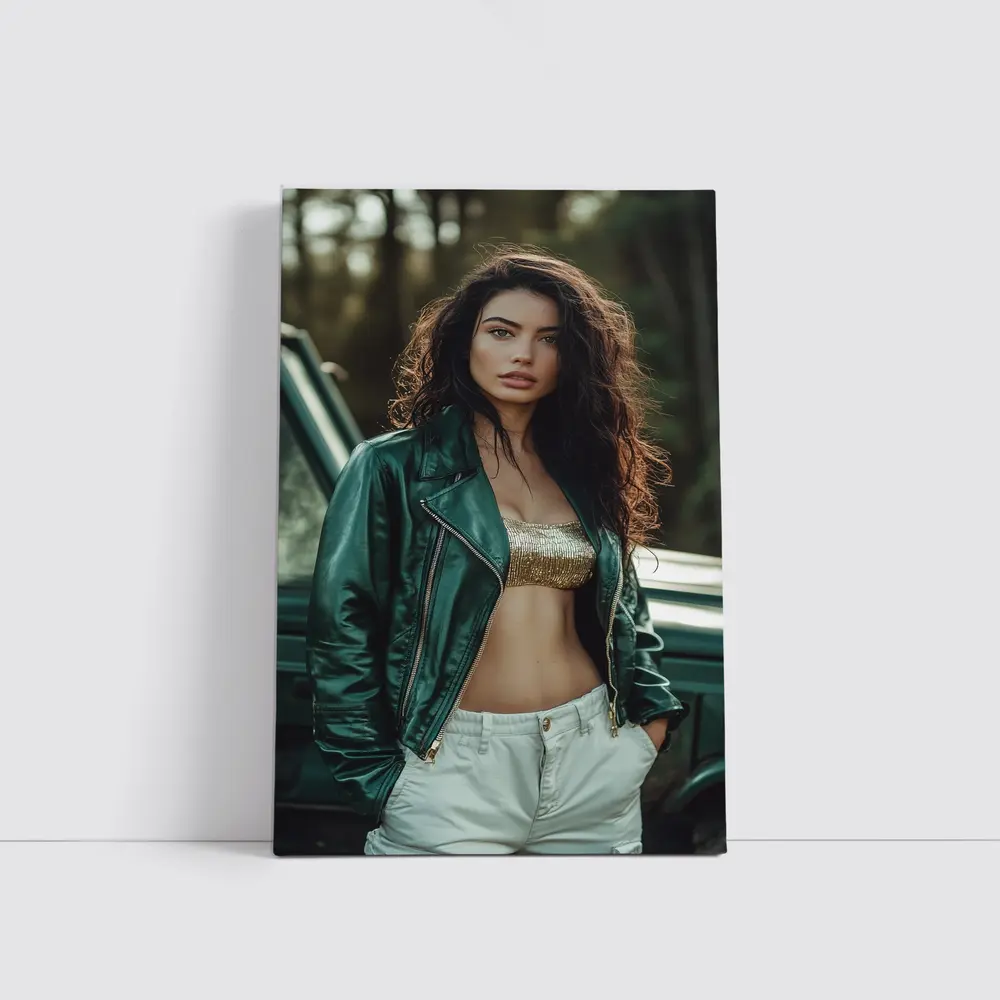 Woman Green Leather Jacket Forest Background – Wall Art