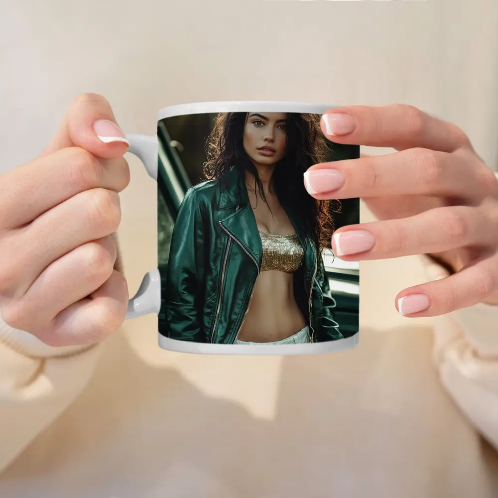 Woman Green Leather Jacket Forest Background – Mugs