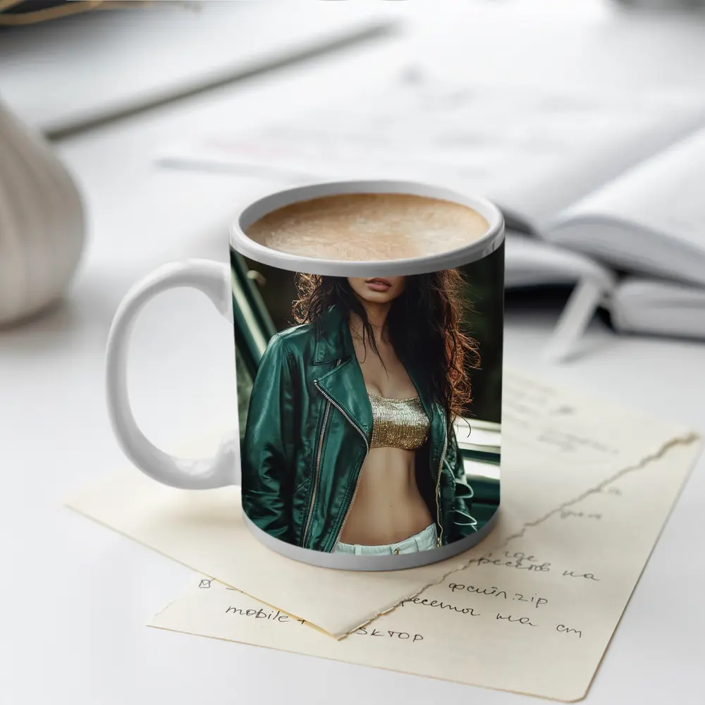 Woman Green Leather Jacket Forest Background – Mugs