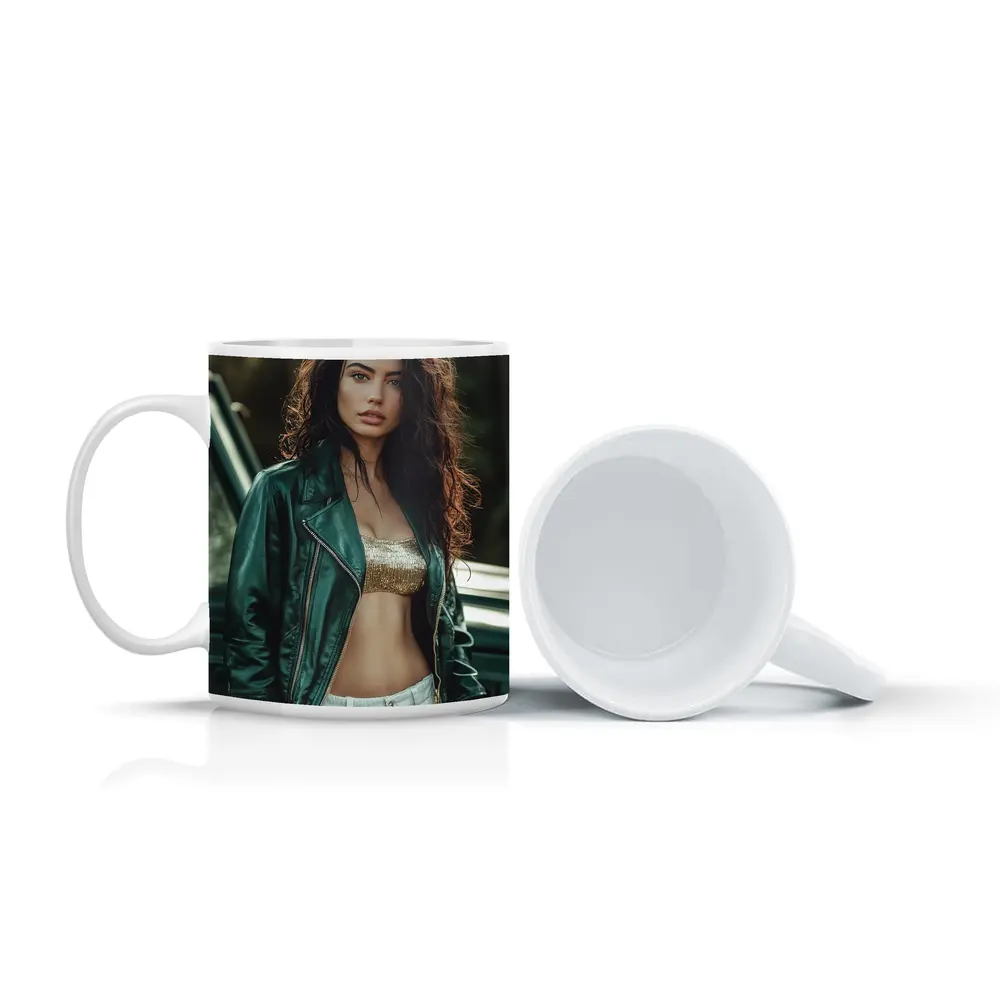 Woman Green Leather Jacket Forest Background – Mugs