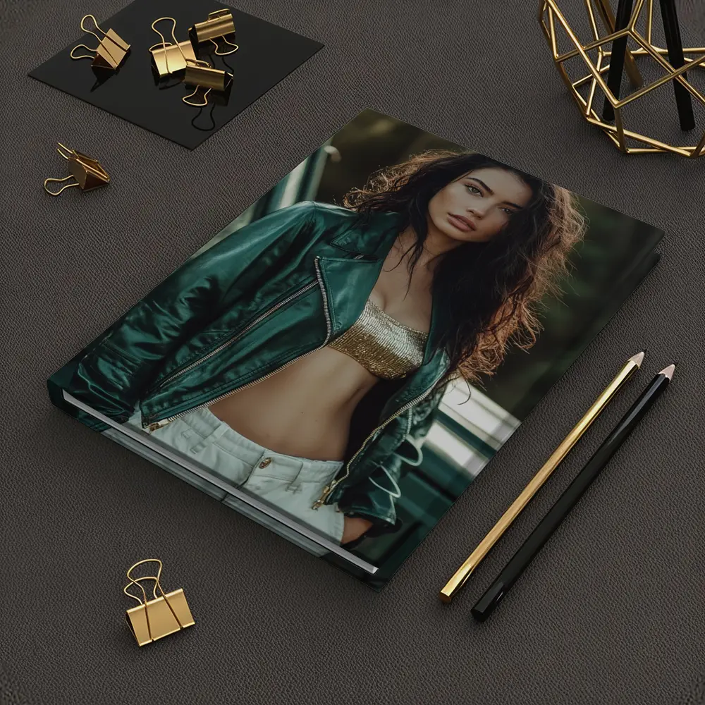 Woman Green Leather Jacket Forest Background – Notebooks