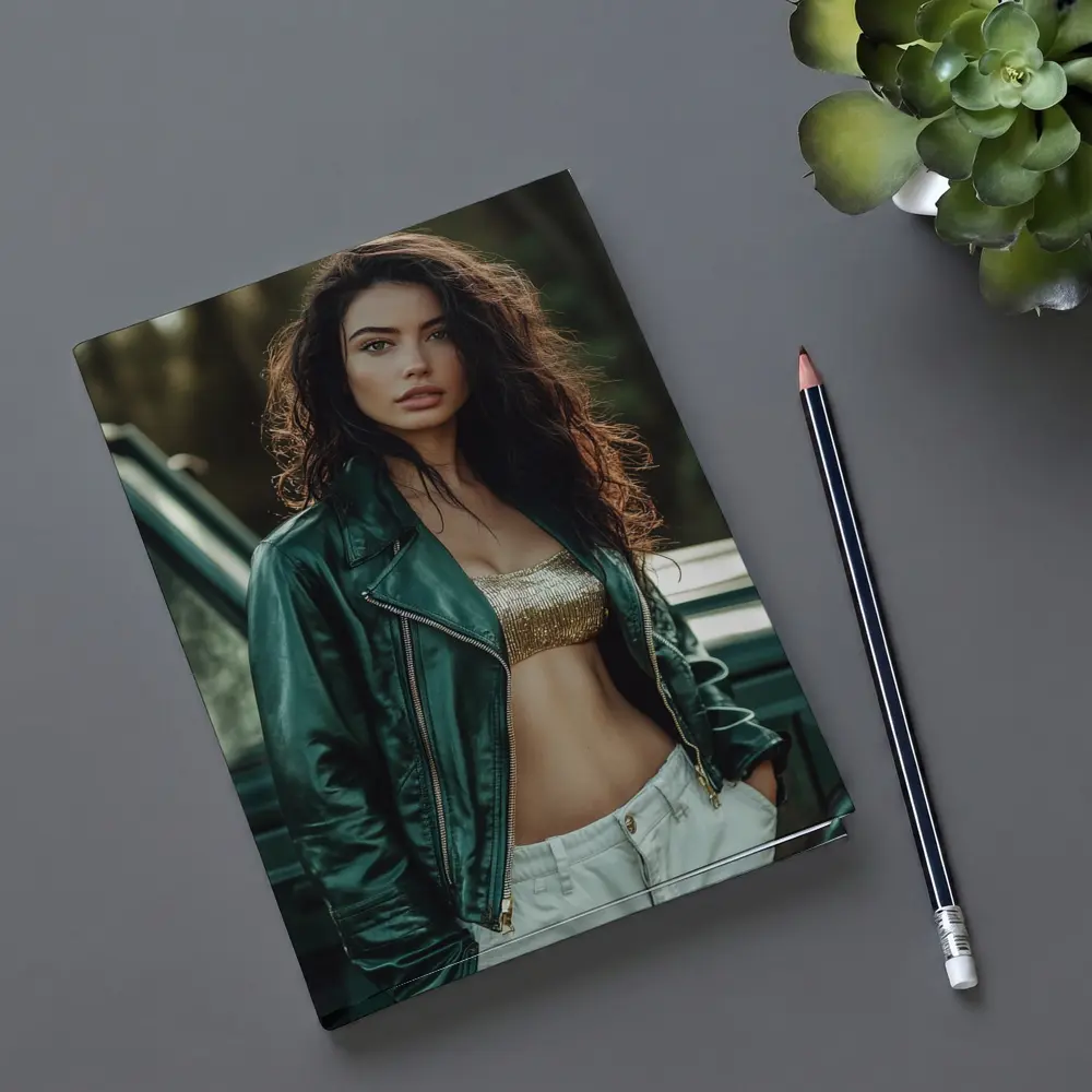 Woman Green Leather Jacket Forest Background – Notebooks