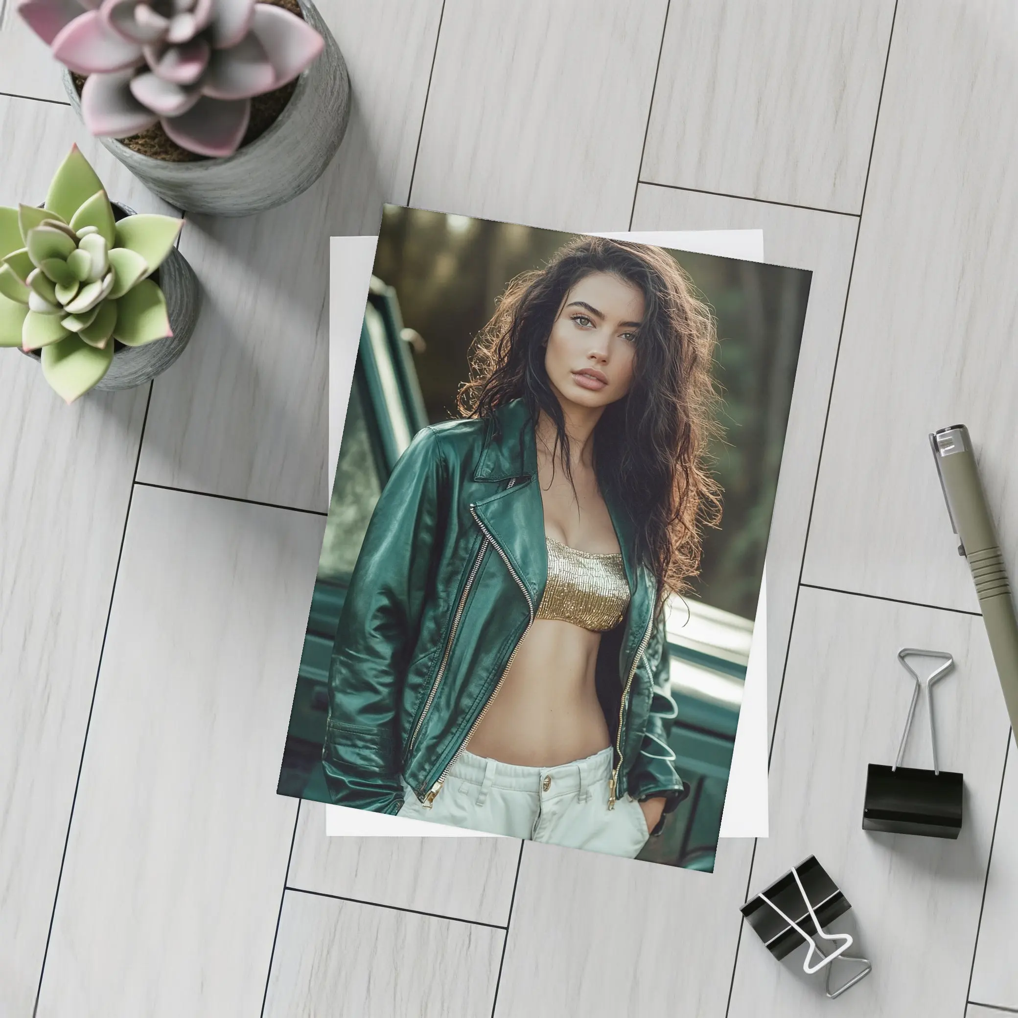 Woman Green Leather Jacket Forest Background – Postcards
