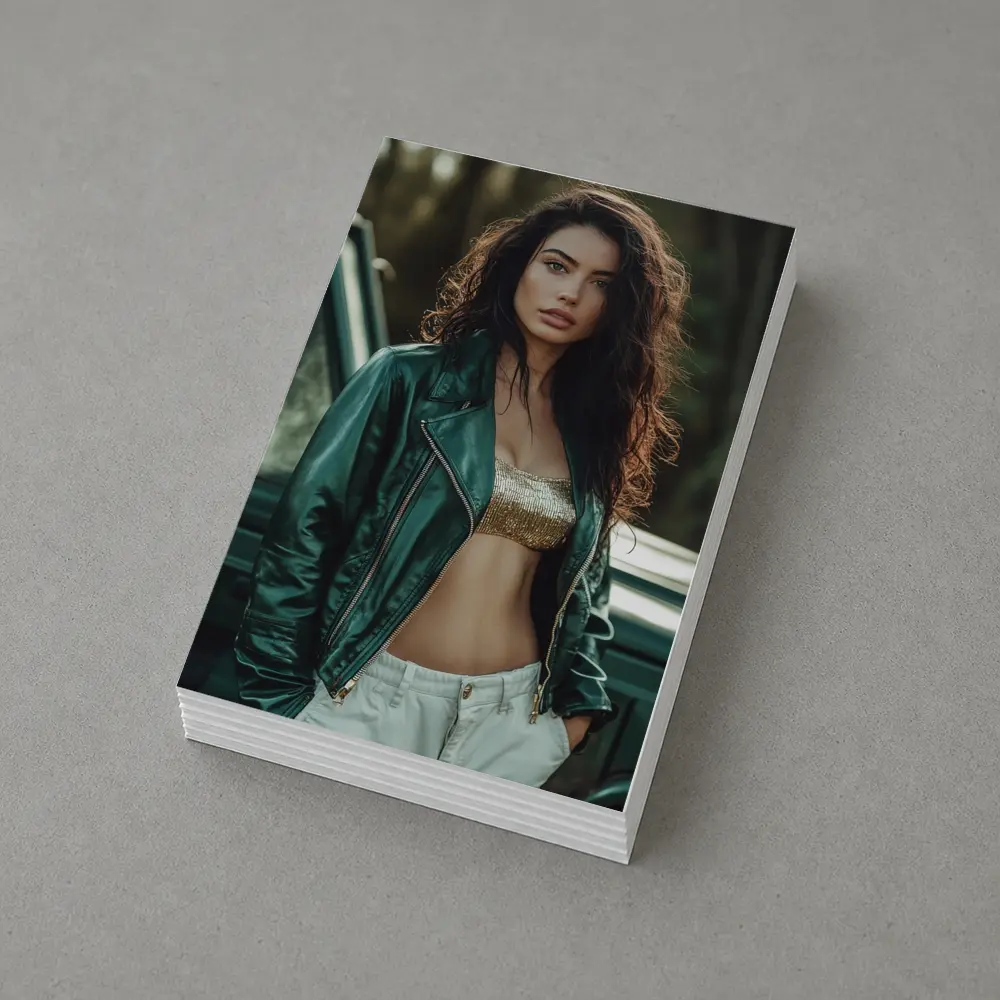 Woman Green Leather Jacket Forest Background – Postcards