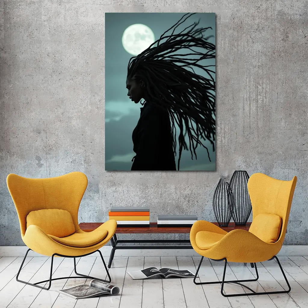 Woman Dreadlocks Wind Full Moon Night – Wall Art