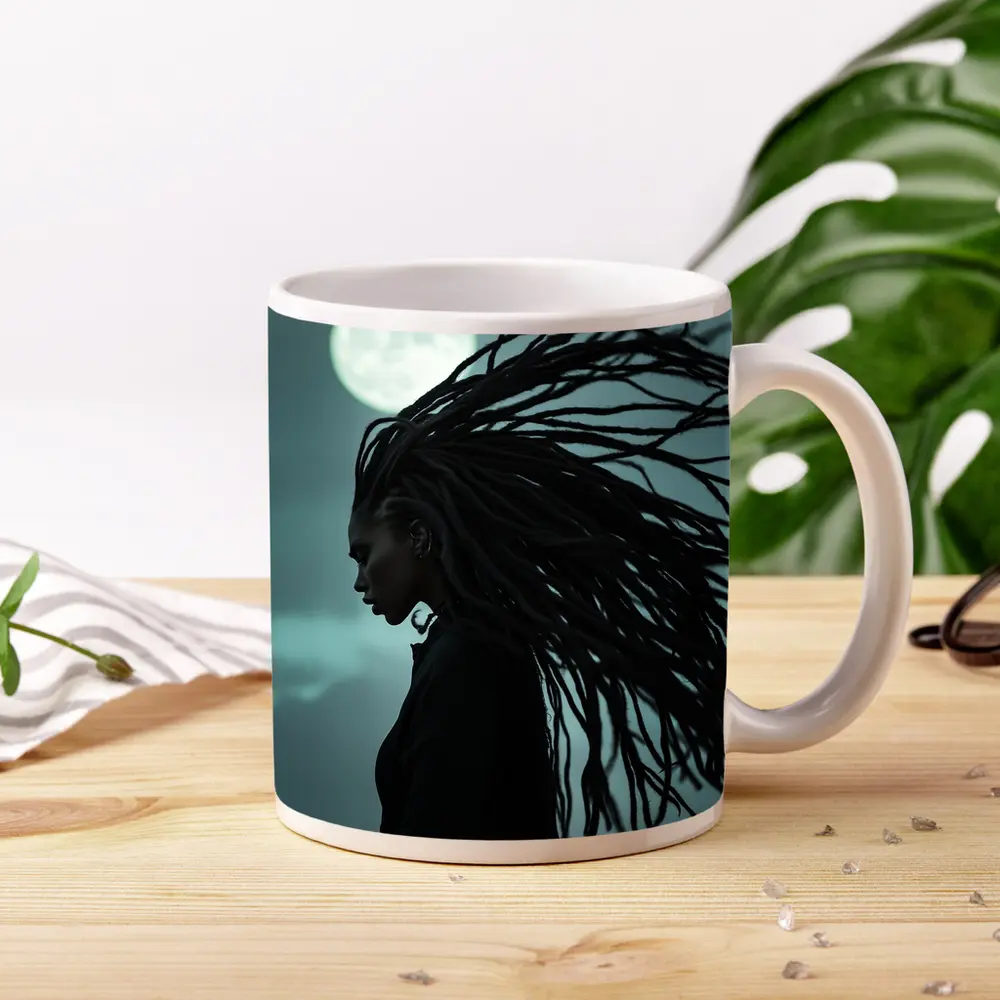 Woman Dreadlocks Wind Full Moon Night – Mugs