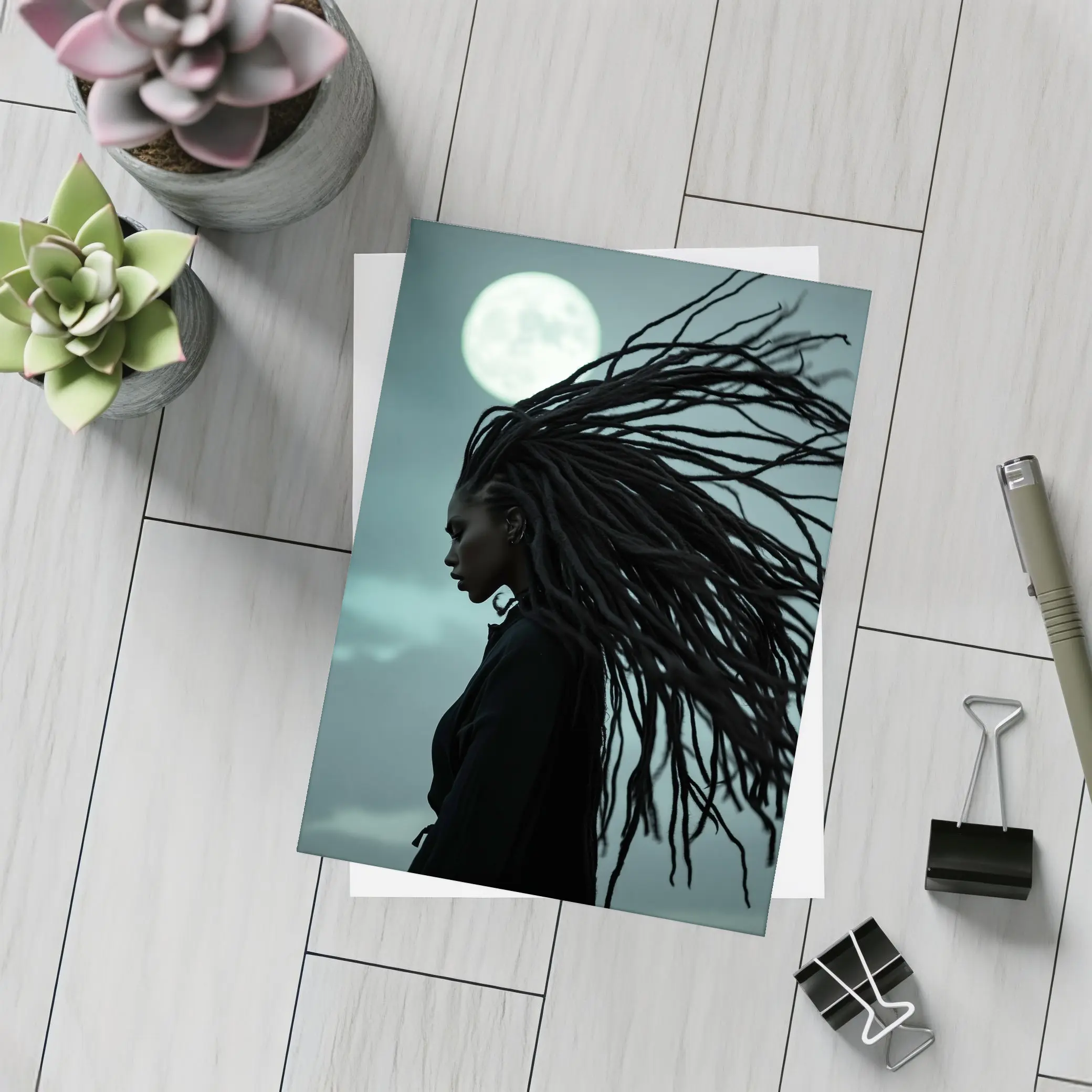 Woman Dreadlocks Wind Full Moon Night – Postcards