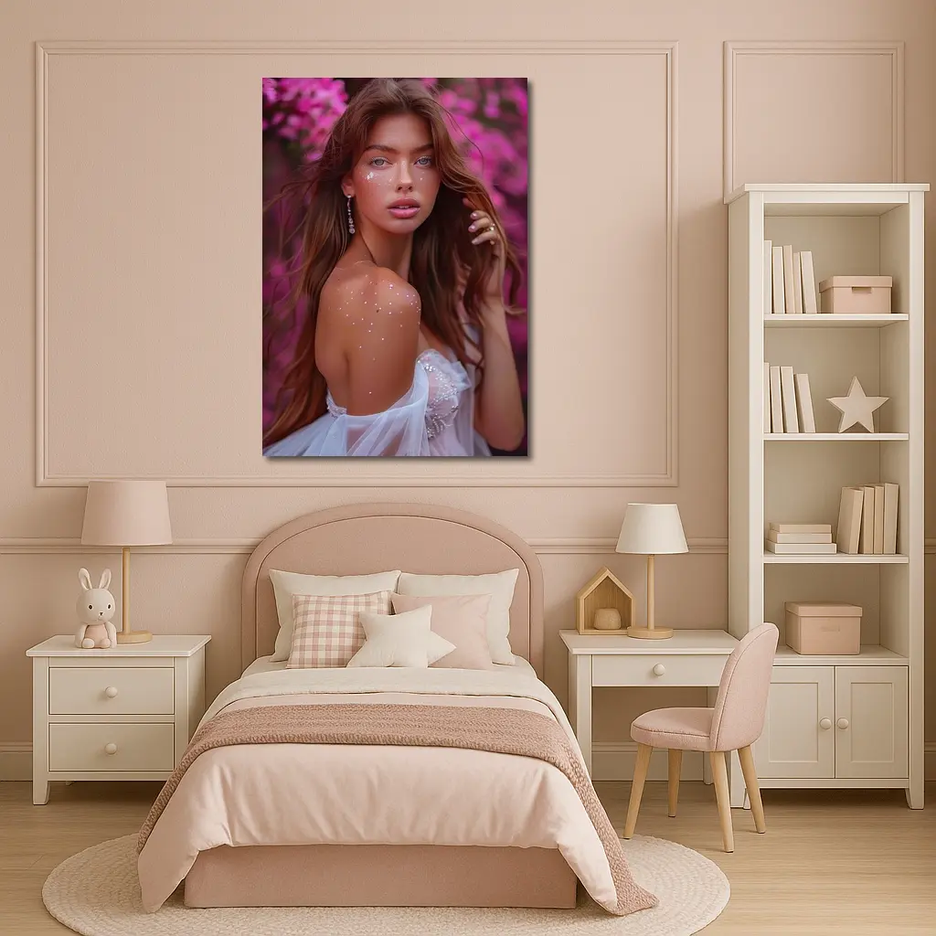 Young Woman White Dress Pink Floral Background – Wall Art