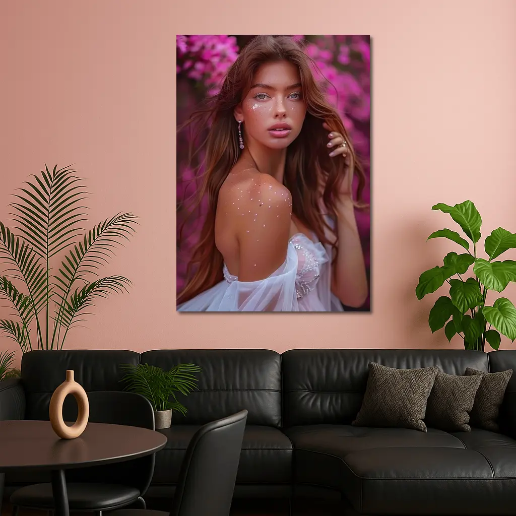 Young Woman White Dress Pink Floral Background – Wall Art