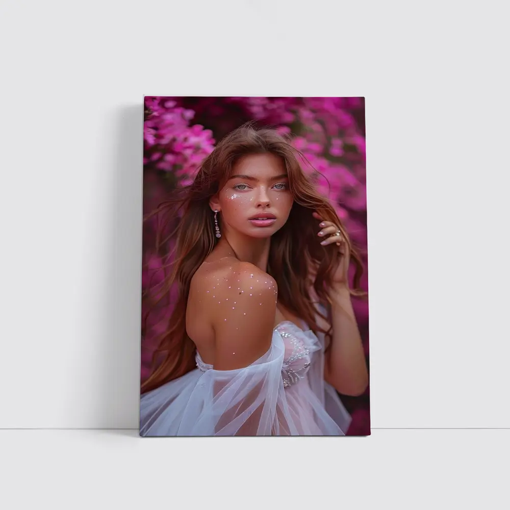 Young Woman White Dress Pink Floral Background – Wall Art