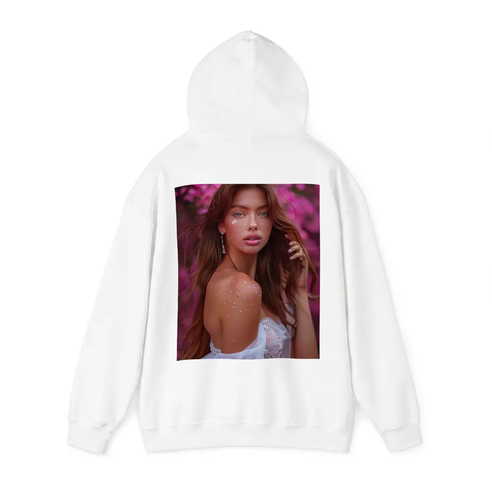 Young Woman White Dress Pink Floral Background – Hoodies