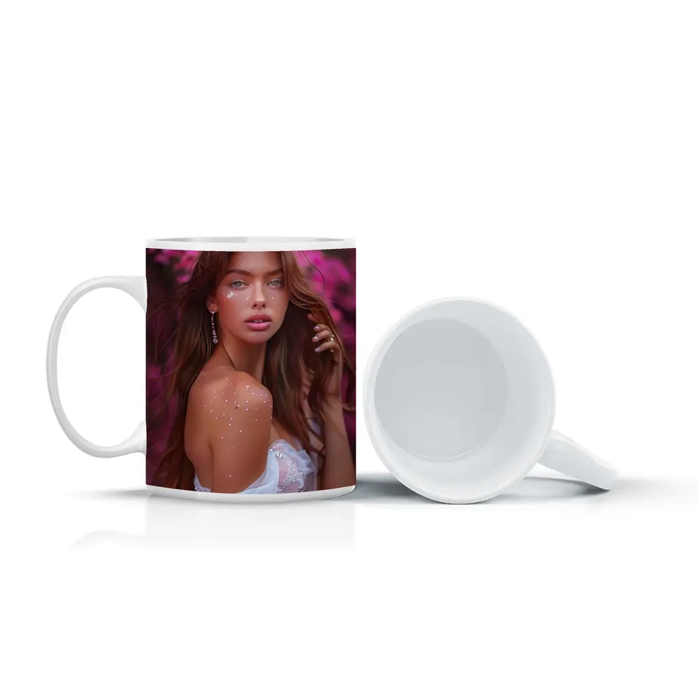 Young Woman White Dress Pink Floral Background – Mugs