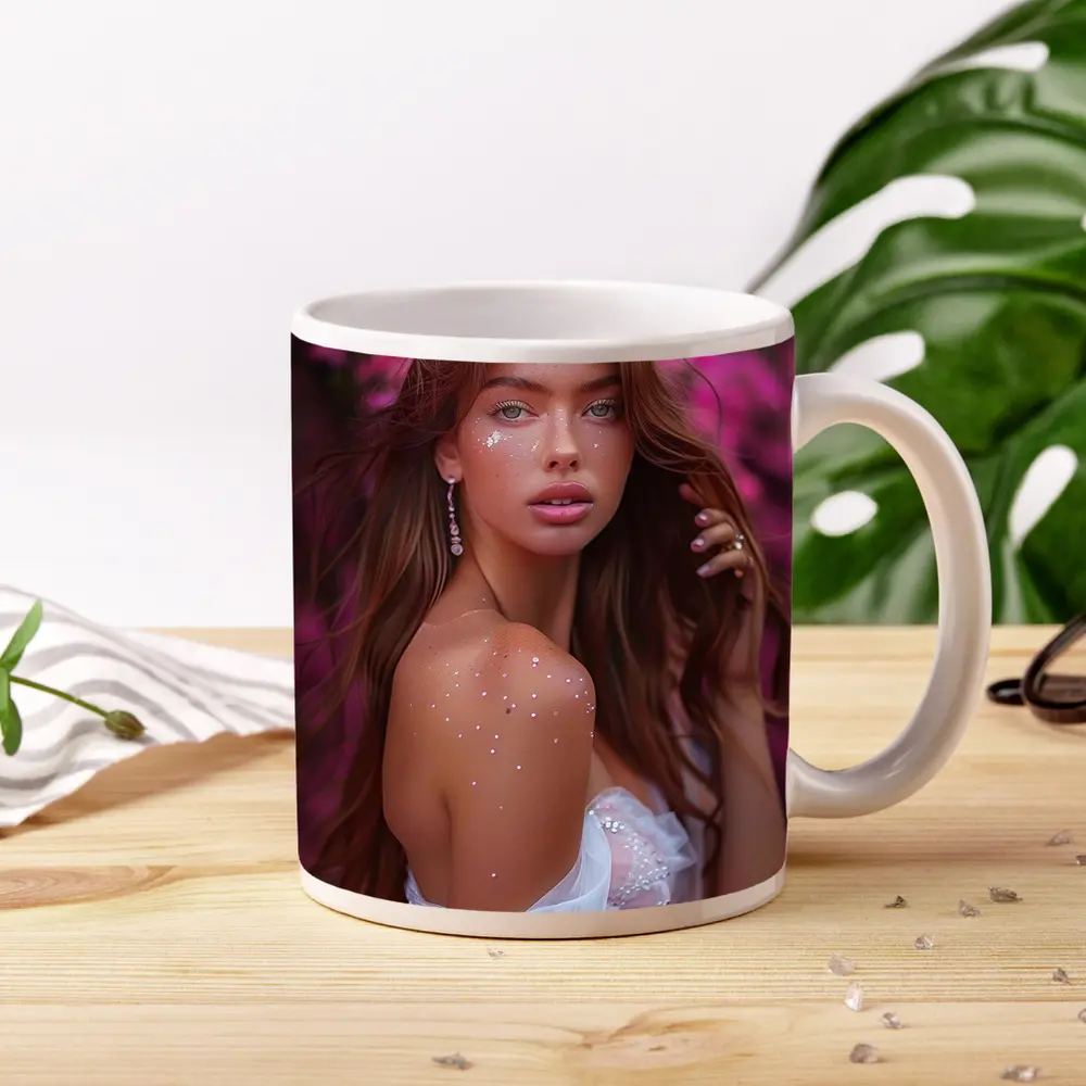 Young Woman White Dress Pink Floral Background – Mugs