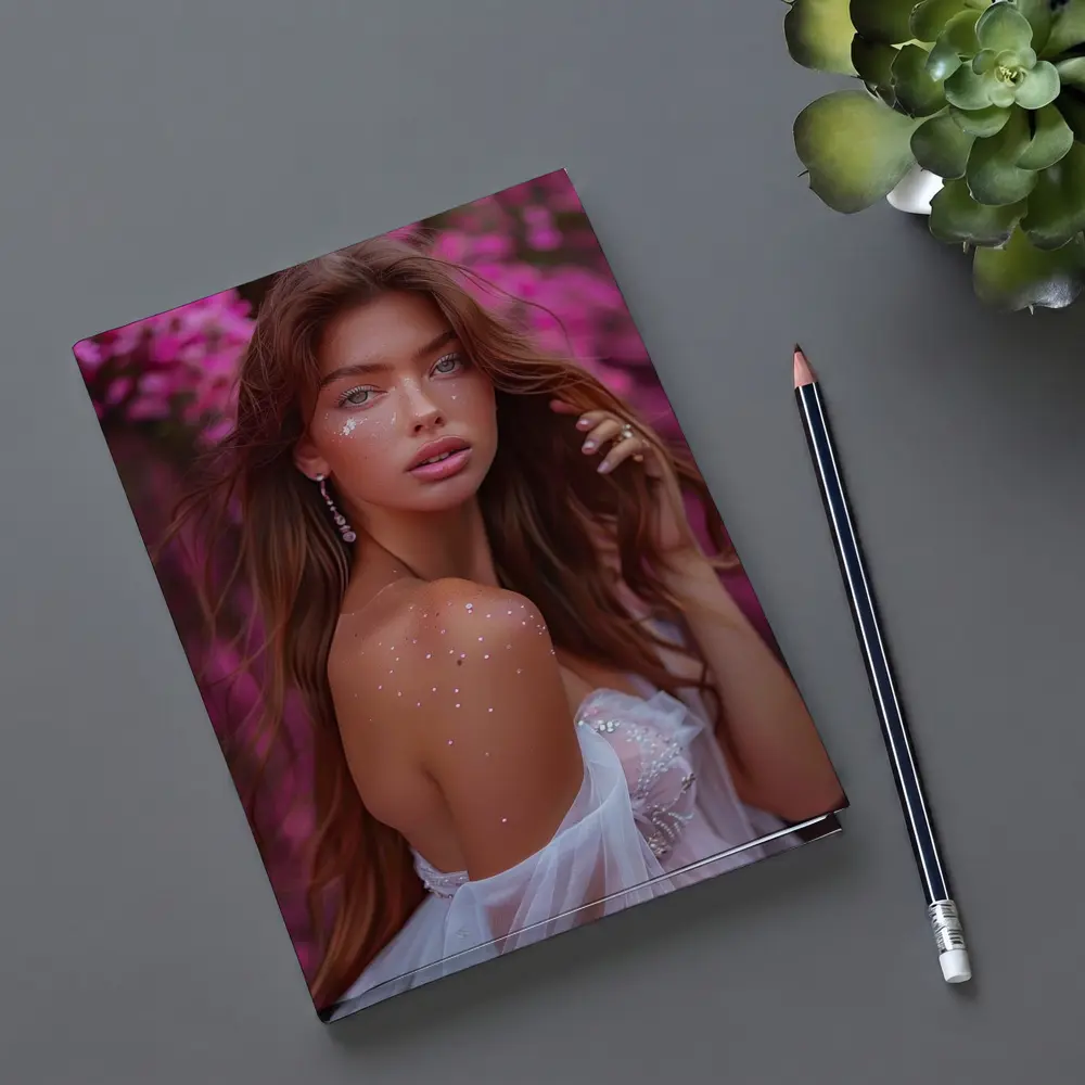 Young Woman White Dress Pink Floral Background – Notebooks