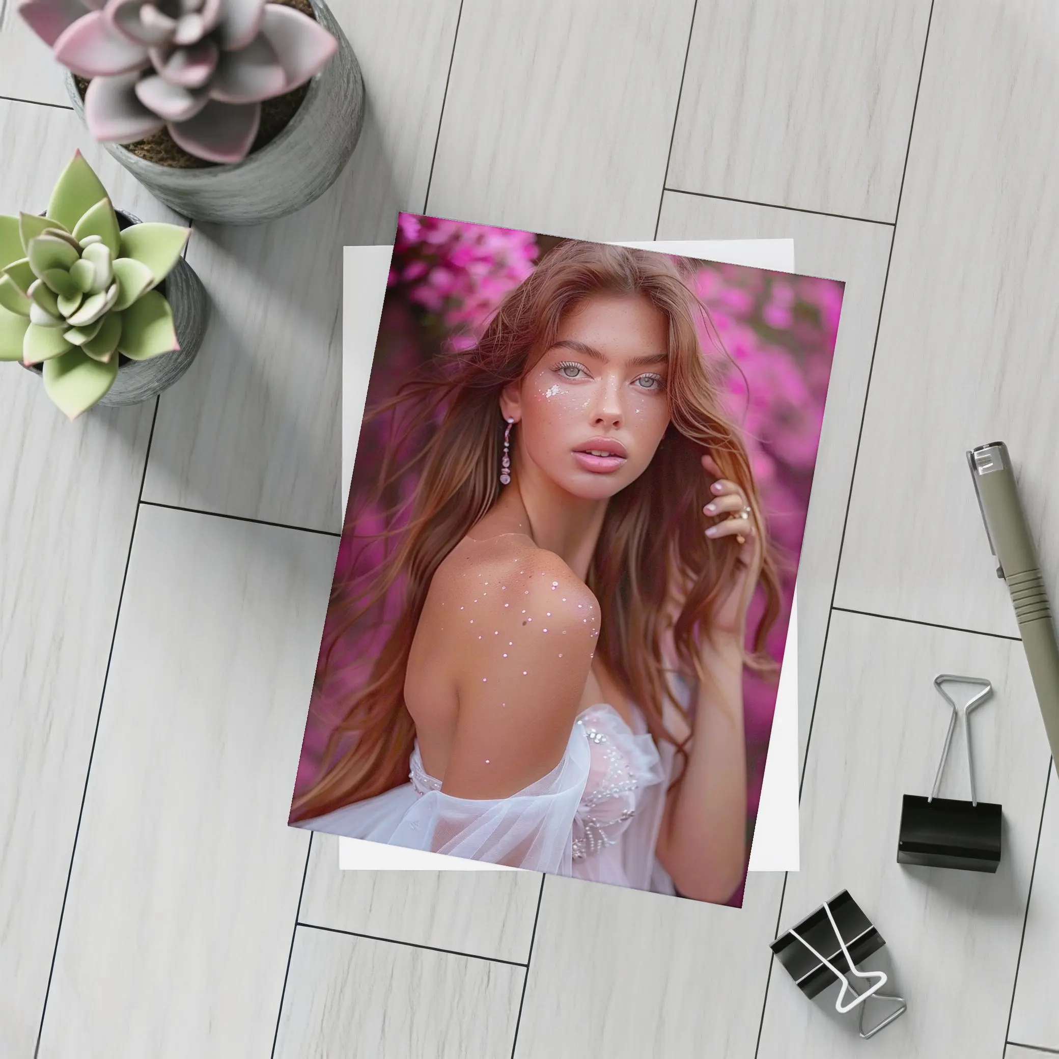 Young Woman White Dress Pink Floral Background – Postcards