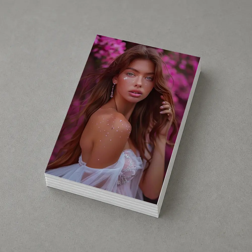 Young Woman White Dress Pink Floral Background – Postcards