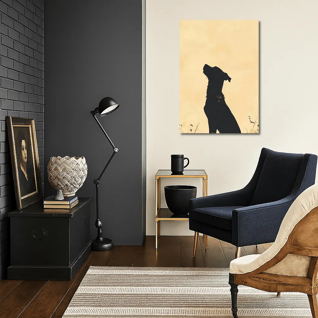 Dog Silhouette Howling Golden Beige Background – Wall Art