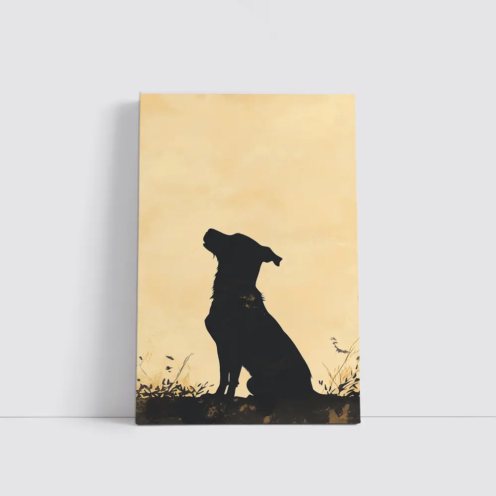 Dog Silhouette Howling Golden Beige Background – Wall Art