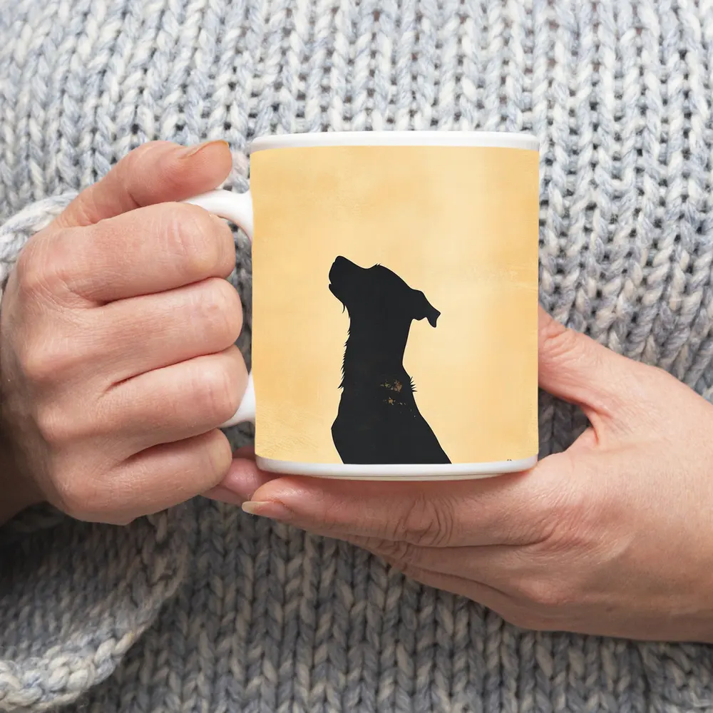 Dog Silhouette Howling Golden Beige Background – Mugs