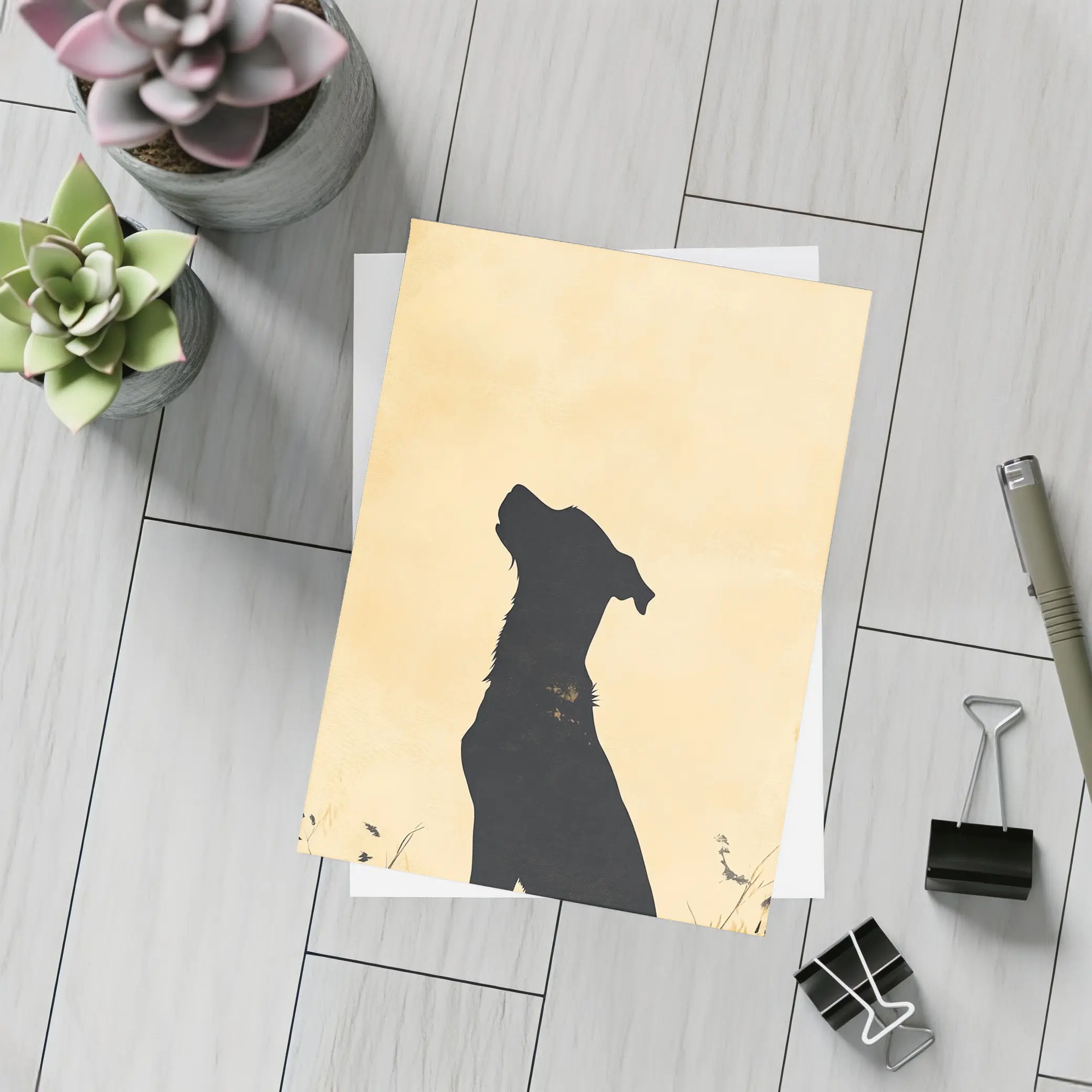 Dog Silhouette Howling Golden Beige Background – Postcards