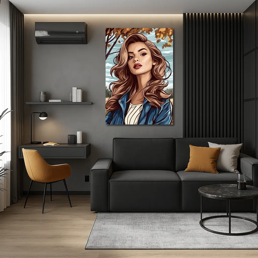 Comic Style Woman Autumn Park Portrait – Wall Art