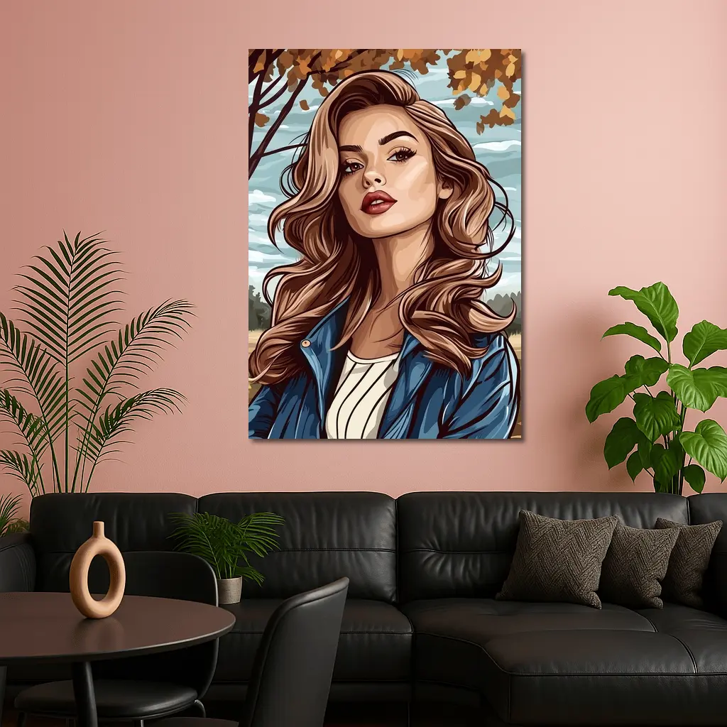 Comic Style Woman Autumn Park Portrait – Wall Art