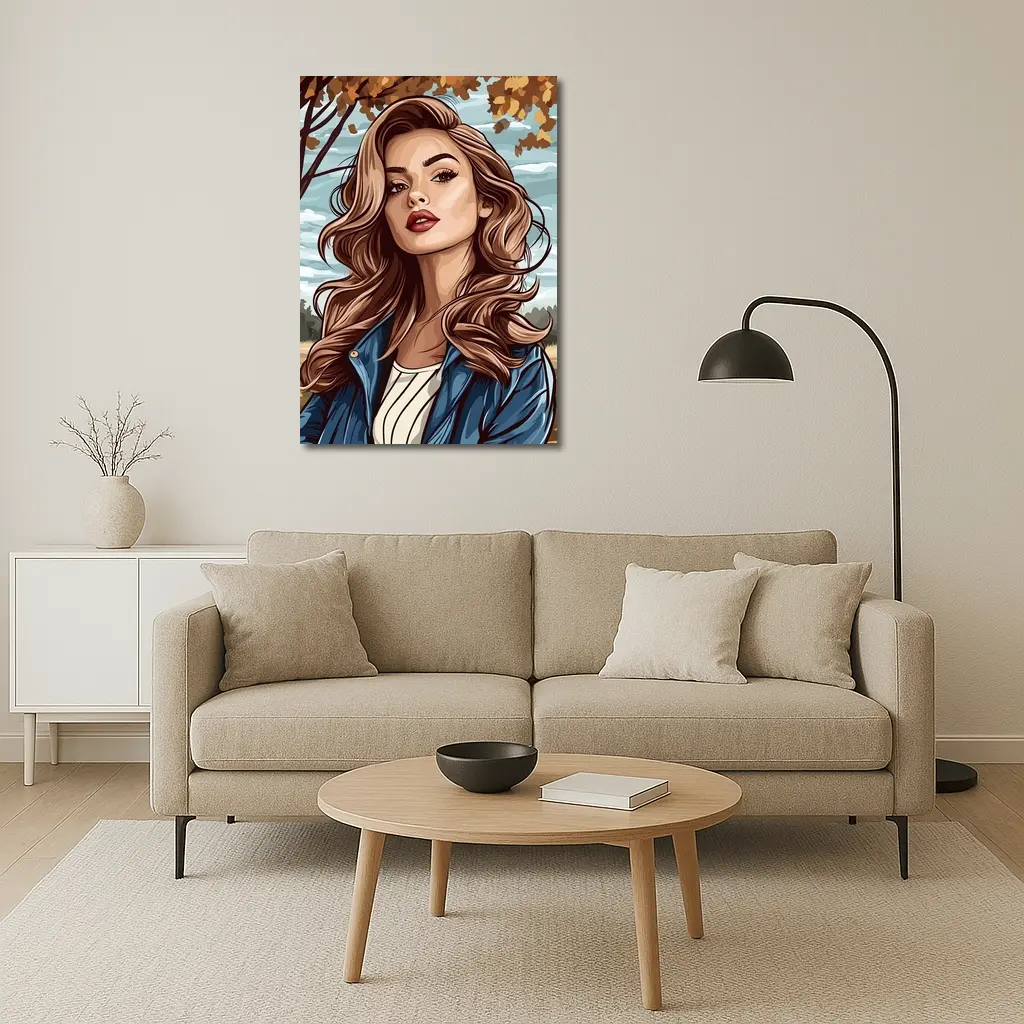 Comic Style Woman Autumn Park Portrait – Wall Art