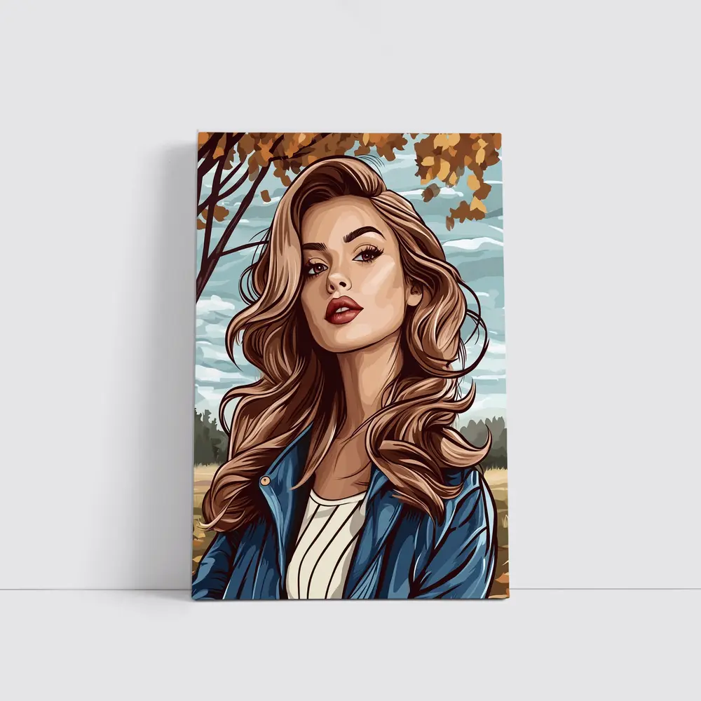 Comic Style Woman Autumn Park Portrait – Wall Art