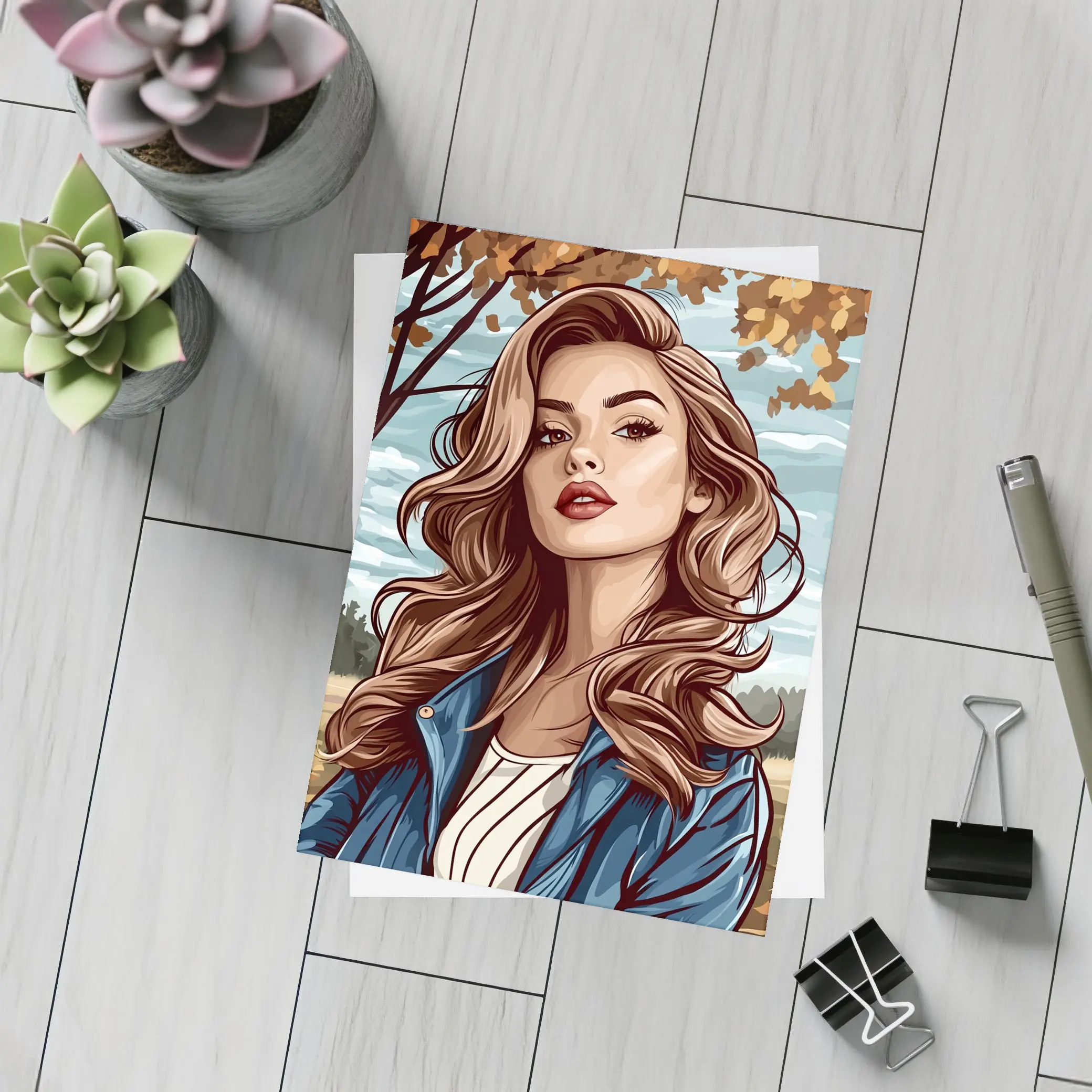 Comic Style Woman Autumn Park Portrait – Postcards