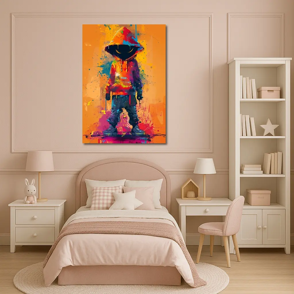 Hooded Figure Graffiti Splatter Orange Background Art – Wall Art