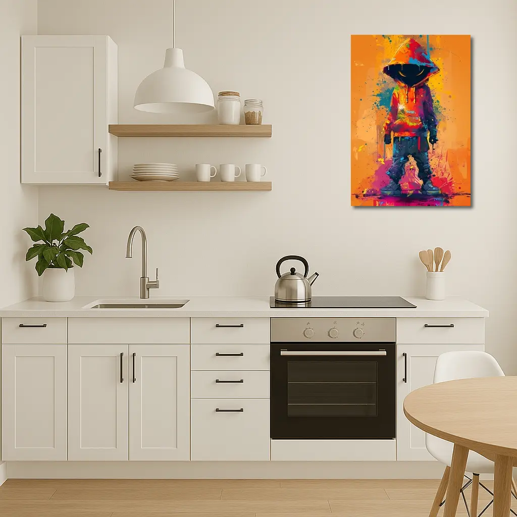 Hooded Figure Graffiti Splatter Orange Background Art – Wall Art