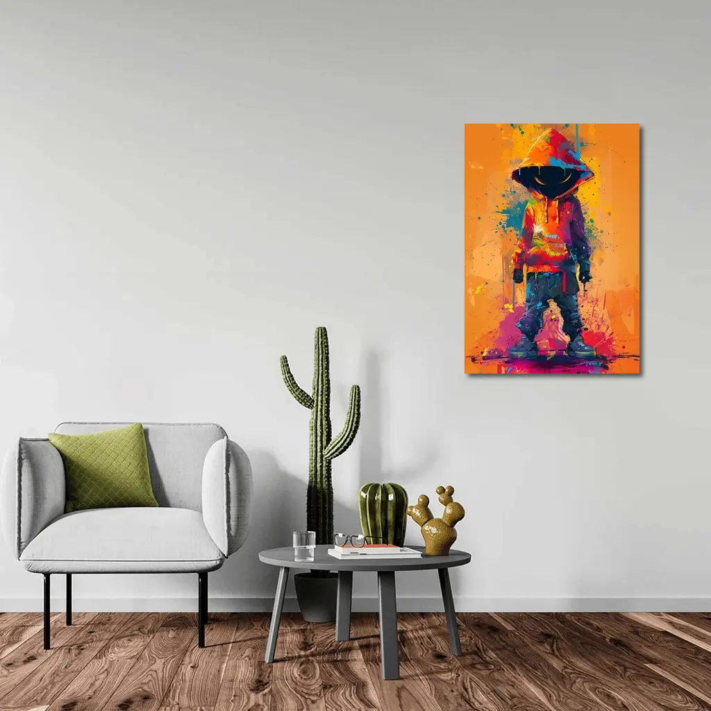 Hooded Figure Graffiti Splatter Orange Background Art – Wall Art