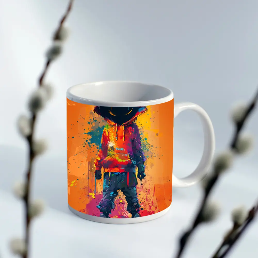 Hooded Figure Graffiti Splatter Orange Background Art – Mugs