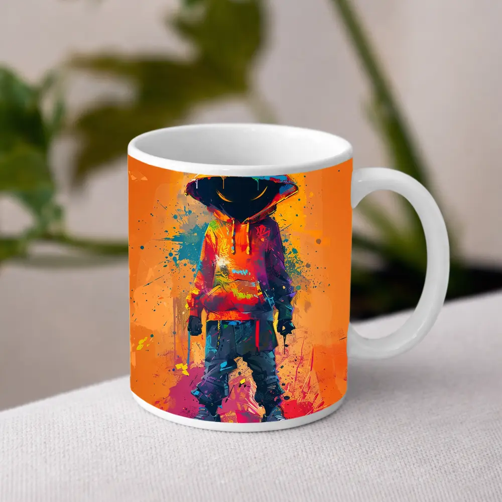 Hooded Figure Graffiti Splatter Orange Background Art – Mugs