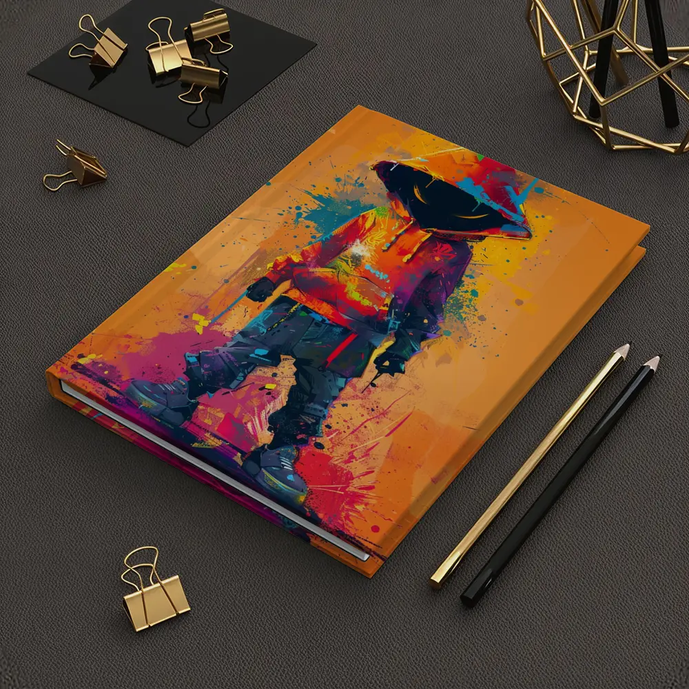 Hooded Figure Graffiti Splatter Orange Background Art – Notebooks